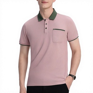 เสื้อโปโลผู้ชายสีชมพู แขนสั้น ผ้าปิเก้ สีพื้น สไตล์ลำลอง มีกระเป๋า คอเสื้อตัดสี เหมาะสำหรับกิจกรรมกลางแจ้ง เสื้อโปโลผู้ชาย - Product Image 3