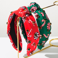 Serre-tête noué en strass imprimé canne à sucre de Noël pour femme, accessoires de cheveux de fête, personnalisable directement de l'usine
