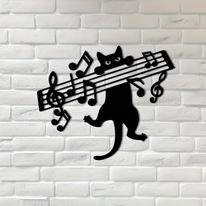 Scultura Contemporanea in Acciaio Inossidabile a Forma di Gatto che Suona Note Musicali, Design a Silhouette con Chiave di Violino, Decorazione per Interni/Esterni, per <span class=keywords><strong>Insegnanti</strong></span> di Pianoforte - Product Image 1