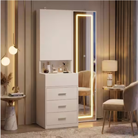 Coiffeuse de maquillage moderne en MDF blanc avec miroir pleine longueur coulissant, étagères dissimulées, tiroirs et éclairage LED pour hôtel