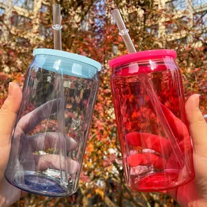 جاهزة للشحن عبوات بلاستيكية شفافة ملونة خالية من مادة BPA سعة 16 أونصة مع أغطية من البولي بروبلين للقهوة المثلجة والصودا المقطوعة والمقبلات المشروبات الباردة