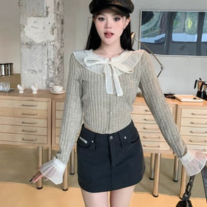 Nuovo Maglione Autunnale Lavorato a <span class=keywords><strong>Maglia</strong></span> <span class=keywords><strong>con</strong></span> Fiocco in <span class=keywords><strong>Pizzo</strong></span>, Pullover a Tinta Unita <span class=keywords><strong>con</strong></span> Colletto alla Peter Pan, Top Sottile da <span class=keywords><strong>Donna</strong></span> - Product Image 3