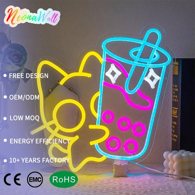 Neonawall Wholesale Custom Cat&Tea LED Neon Sign Dimmable Night Light for Bedroom Coffee Shop Dessert Store Bar Home  Wall Decor