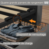 Cadre de lit en velours avec deux enceintes Bluetooth, 4 paniers de rangement dorés, chargement USB Type C, lumières synchronisées à la musique, beige, gris, noir