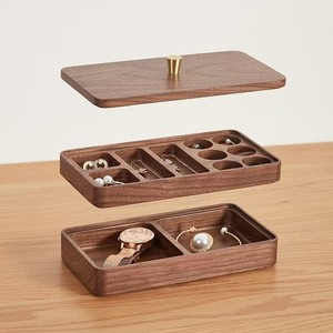 Boîte à bijoux double couche en bois de noyer noir avec couvercle pour boucles d'oreilles, colliers, montres, rangement, organisateur de bureau rectangulaire 1L - Product Image 3