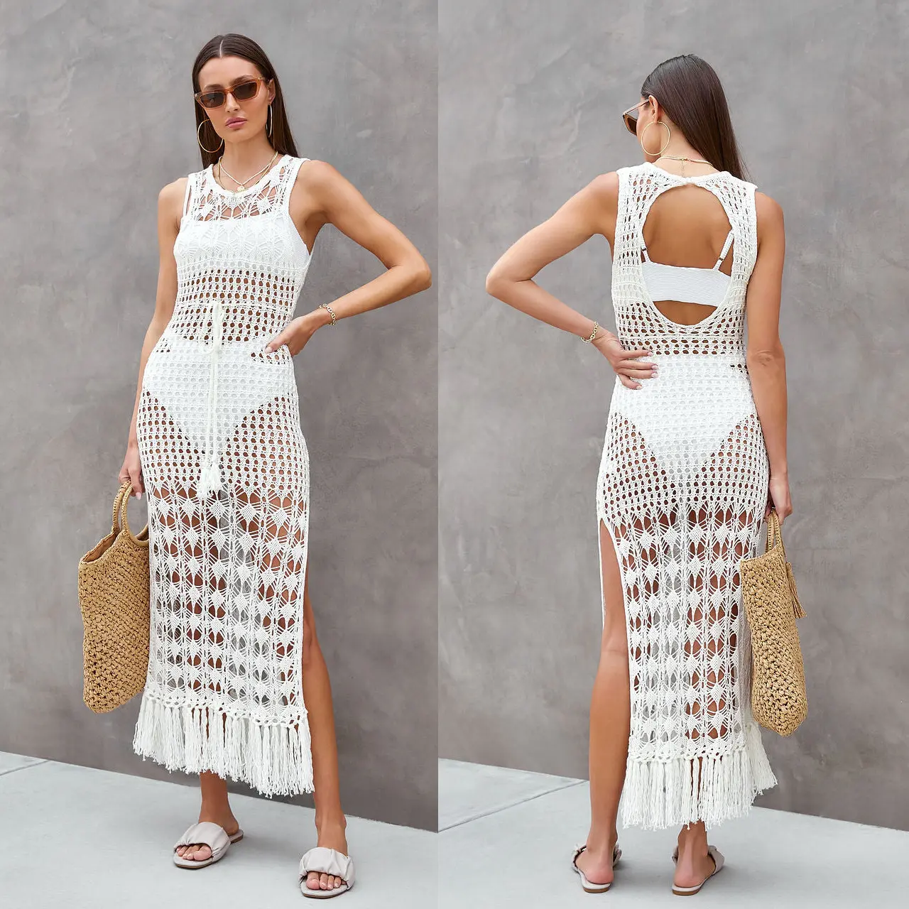 Sleeveless Long Robe Crochet Tassel Bathing Suits Women Knitted Bikini Cover Ups Beach Dresses Tunics