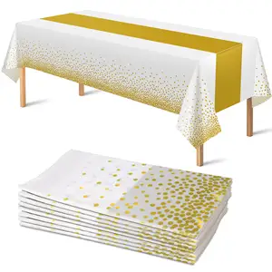 Nappes jetables en plastique pour fête Rectangle blanc et or pour mariage douche nuptiale anniversaire baptême fête de fiançailles