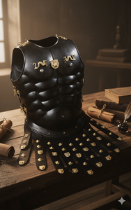 Armadura romana en acero dulce calibre 20 con acabado en pintura en polvo negra y diseño en cuero. - Product Image 3