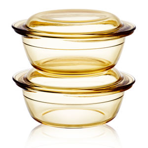 หม้ออบแก้วโบโรซิลิเกตทนความร้อนสูง ยี่ห้อ Linuo พร้อมฝาแก้ว สีอำพัน - Product Image 1