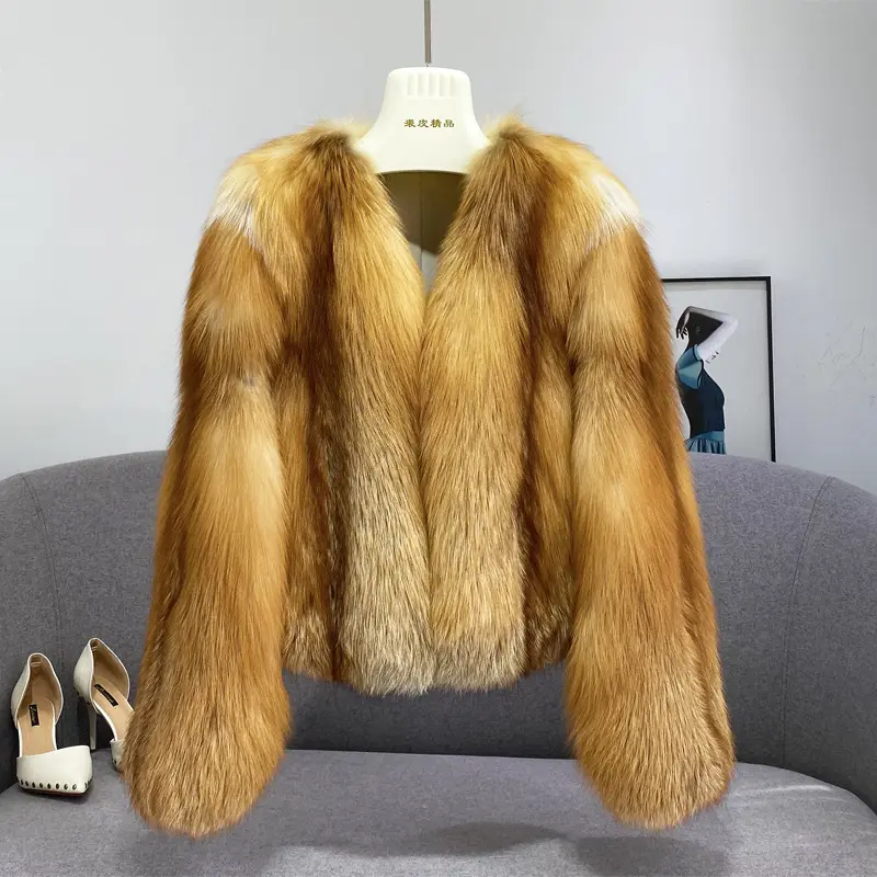 High Quality Warm Women Top Quality Natural Fox Thick Finland Imported Fur Fashion V-neck Natural Color Fox