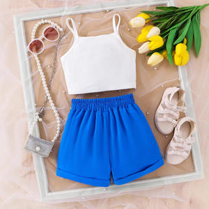 Top con cinturino floreale tinta unita da ragazza + pantaloncini con fiocco a due pezzi-vestito dolce per bambini e piccoli picnic al parco/Photogra di famiglia - Product Image 3