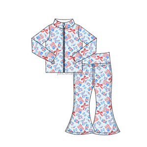 Özel Çiçek Desenli Çocuk Spor Giysisi İspanyol Paça Pantolon Fermuarlı Ceket Spor Salonu Aktif Giyim 2 Parça Yoga Takımı Kız Çocukları İçin - Product Image 5