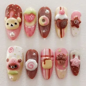 Conception Personnalisée Luxe Français <span class=keywords><strong>Faux</strong></span> Ongles Artificiels Imprimé À La Main <span class=keywords><strong>Kawaii</strong></span> 3D Ours Rose Crème Faits À La Main <span class=keywords><strong>Faux</strong></span> Ongles - Product Image 2