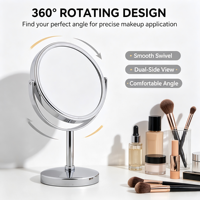 Miroir cosmétique de bureau de 6 pouces finition chrome, rotation à 360°, double face, grossissement réglable, personnalisable