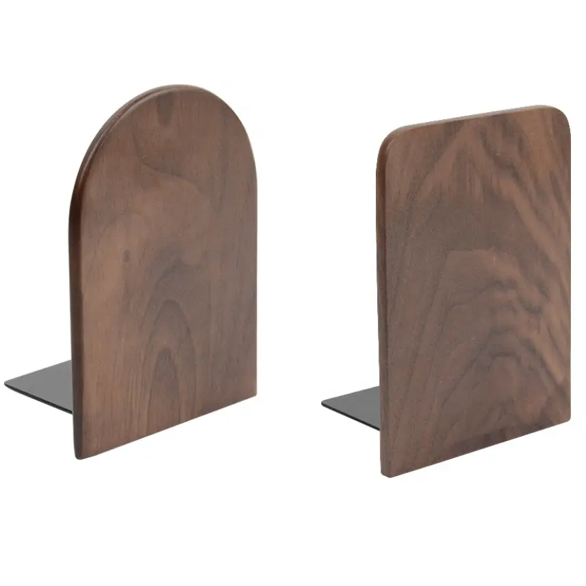 Logotipo personalizado de madera de nogal de Metal base estudio estantería de madera sujetalibros