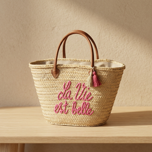 Handmade Straw Basket With Red Handles And Tassels La Vie Est Belle Embroidery Natural Bamboo Weave Bucket Bag - Product Image 3