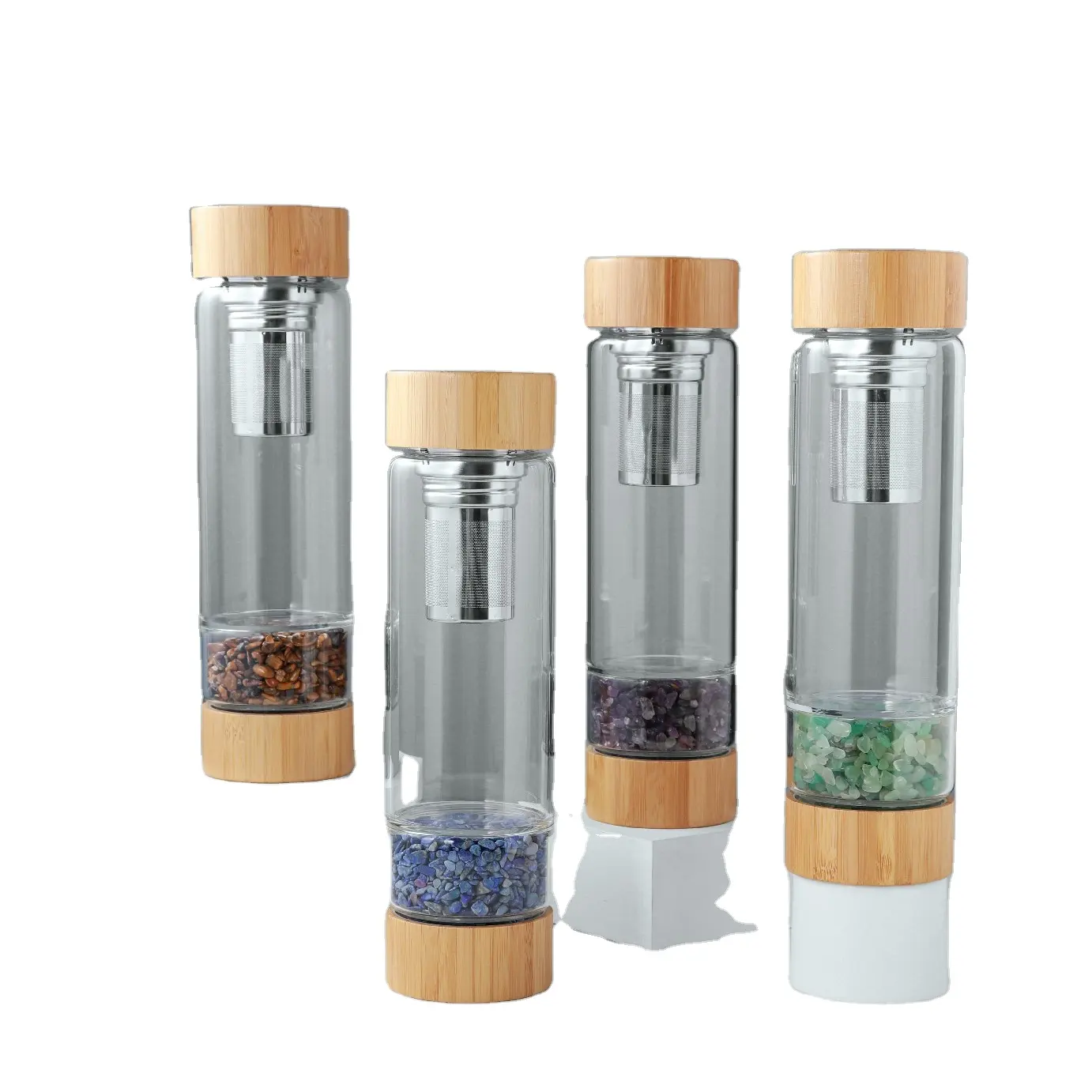 Bamboo lid crystal water bottle gemstones quartz crystal cup healing stones Bottles with tea infuser