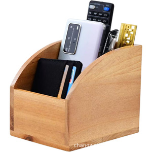 Caja de almacenamiento de escritorio de madera maciza con divisiones, organizador rectangular para suministros de oficina y control remoto - Product Image 3