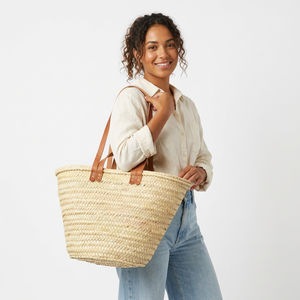 <b>Straw</b> <b>Tote</b> Basket <b>Bag</b> Leather Handles Bohemian Style Handwoven Solid Color Cotton Lining Zipper Closure Summer Travel Women's - Product Image 2