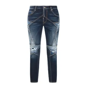 Custom Men's Jeans Skinny knee Holes Star Pattern Full Pants Exquisite Line Unique Wash Color Men's Fashion Trend High Street