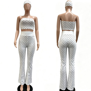 Ensemble <span class=keywords><strong>3</strong></span> pièces élégant pour <span class=keywords><strong>femme</strong></span> : haut bustier à pois avec logo personnalisé, pantalon évasé taille haute longueur cheville – <span class=keywords><strong>Tenue</strong></span> d'été - Product Image 3
