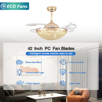 Ventilador de Techo de Cristal Dorado de 42 Pulgadas para Habitaciones Grandes con Aspas Retráctiles de PC