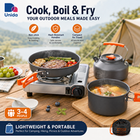 Ensemble de cuisine de camping avec bouilloire, casseroles, poêle et accessoires, design compact et empilable pour la randonnée, les pique-niques et les voyages