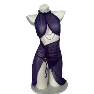 Robe de lingerie en mousseline de soie transparente violette pour femme, vêtement de nuit sexy dos nu avec string - Product Image 4