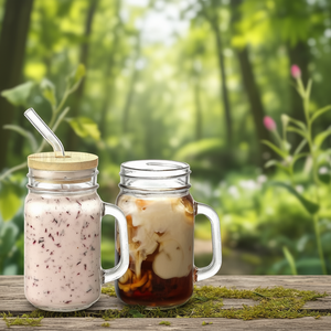 <b>Mason</b> <b>Jar</b> Glass Bottle <b>With</b> Handle And <b>Straw</b> For Juice Milk Tea Beverage Storage 16 Oz Transparent Cup <b>With</b> Lid - Product Image 2