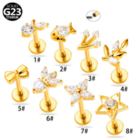 Anting-anting tulang rawan titanium lapis emas ASTM-F136 bentuk bintang dan ikan, anting-anting helix, anting-anting tulang, grosir perhiasan tindik tubuh, labret