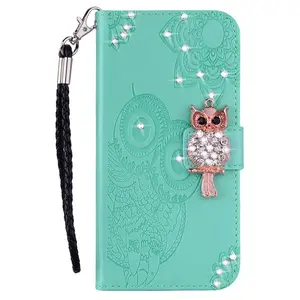 Leather Case Phone Wallet Stand Cover Owl Flower Imprinted Rhinestone bling phone cases for iPhone 15 14 pro max plus back cover