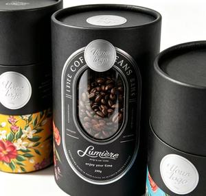 กระป๋องทรงกระบอกสีดำบรรจุเมล็ดกาแฟ 250 กรัม พร้อมบรรจุภัณฑ์กระดาษรีไซเคิลแบบกำหนดเอง พิมพ์โลโก้ด้วยความร้อน - Product Image 1