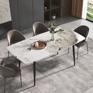 ATUNUS 새로운 디자인 미니멀리스트 북유럽 소결 돌 식탁 대리석 바위 보드 상단 패널 식당 테이블과 의자 세트