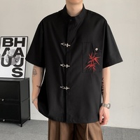 Chemise décontractée à col montant et manches courtes pour homme, broderie en bambou rouge, boucle métallique, coupe ample, style streetwear tendance