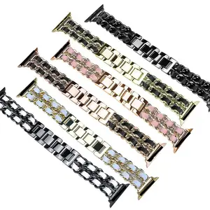 Luxury Stainless Steel Wrist Strap Braided Leather Watch Band For Apple IWatch 7 6 5 4 3 2 1 SE Replacement Metal Watch Band