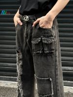 Pantalon en détresse classique avec poche arrière Jeans baggy en denim Jeans évasés empilés à déchirure moyenne pour hommes