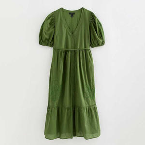 Vestido Elegante Personalizado para Mujer, con Bordado Floral, Corte en A, Casual, de Algodón, Cuello en V, Mangas Abullonadas, Tipo Camisero, con Cinturón - Product Image 3