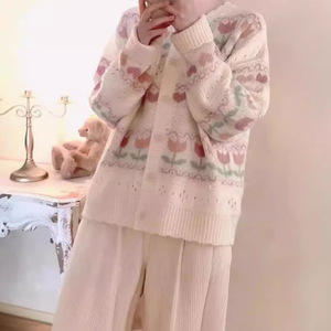 Cardigan en tricot à fleurs pour femmes, manteau en pull doux et chaud pour l'hiver, tenue décontractée - Product Image 1