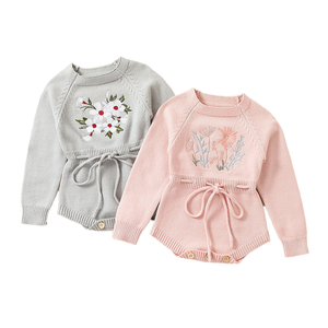 Bebek bebek kız örgü tulum çiçek nakış yuvarlak boyun uzun kollu Romper İpli bel lbc ile - Product Image 1