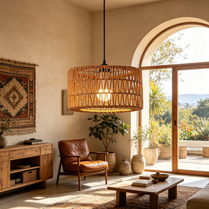 Handmade Rattan Woven Drum Pendant <b>Light</b> Boho Jute Rope Hanging Lamp for Living Room <b>Dining</b> Room Restaurant Decor - Product Image 2