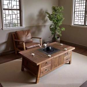 Mesa de té cuadrada de madera de olmo antiguo con almacenamiento para uso en exteriores - Product Image 2