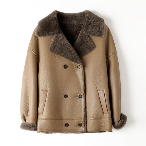 591 Leather and Fur Winter Patchwork Casual Style Mid Length Coats for Women
