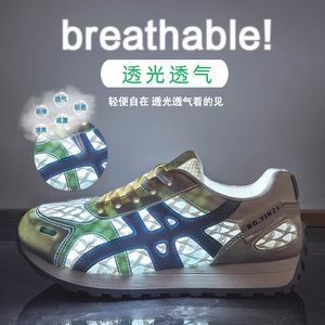 Baskets respirantes pour femmes, blanches et bleues, en maille, à semelle épaisse, talon moyen, chaussures de marche décontractées, style sport, mode été XF822 - Product Image 4