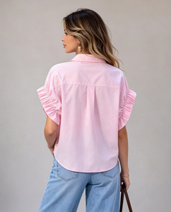 Hot Sale Women Lapel Blouse Loose Fit Ruffle <b>Flutter</b> Short <b>Sleeve</b> Casual Shirt Daily Ladies Collared <b>Top</b> - Product Image 4