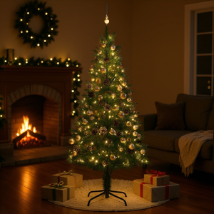 Árbol de Navidad Artificial Preiluminado de 94.5 Pulgadas con Juego de Bolas y Piñas, Luces LED Cálidas, Base para Interior - Product Image 2