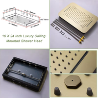 Douche de plafond de luxe en laiton 16*24 pouces avec barre coulissante, 5 fonctions, finition or brossé, jet de pluie massant thermostatique