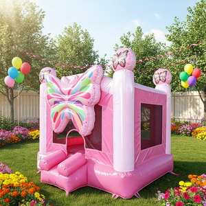 Château gonflable rose en forme de papillon pour enfants, avec murs en filet sécurisés, idéal pour les fêtes en plein air dans le jardin. - Product Image 1