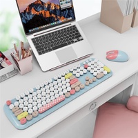 Set Keyboard Mouse nirkabel, mesin tik warna-warni, Set 104 tombol ukuran penuh Keyboard Retro, Keyboard kantor tanpa kabel dan sisir Mouse lucu