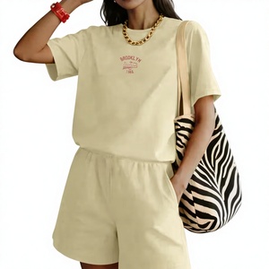 Ensemble décontracté 2 pièces pour femme : T-shirt et short en coton blanc, broderie lettres, coupe ample, tenue printemps-été - Product Image 1
