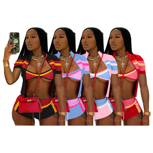 Ensemble sportif sexy 3 pièces Peeqi D10138 pour femme : veste à manches courtes color block + débardeur et short assortis, tenue décontractée au-dessus du genou - Product Image 3